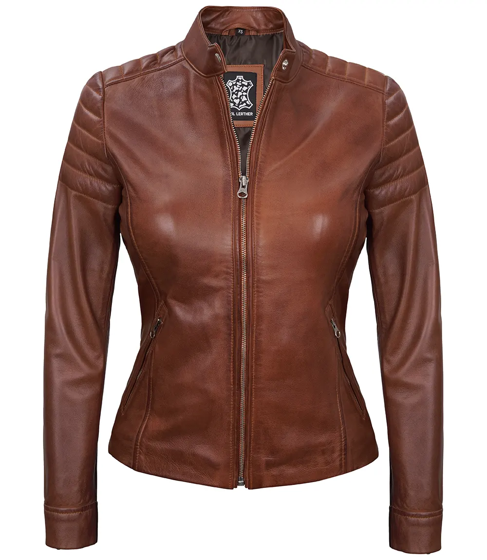 Women's Cognac Brown Cafe Racer Leather Biker Jacket