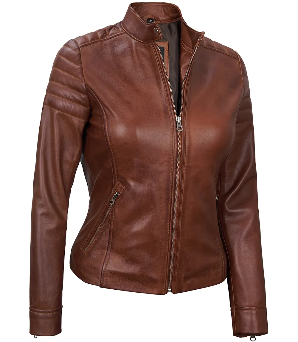 Women's Cognac Brown Cafe Racer Leather Biker Jacket