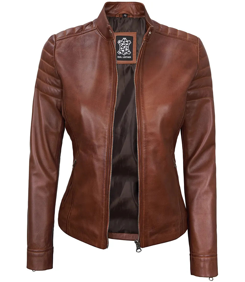 Women's Cognac Brown Cafe Racer Leather Biker Jacket