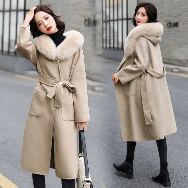 Wool blend coat with faux fur lined hood for women