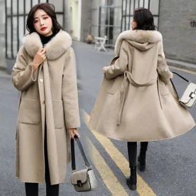 Wool blend coat with faux fur lined hood for women